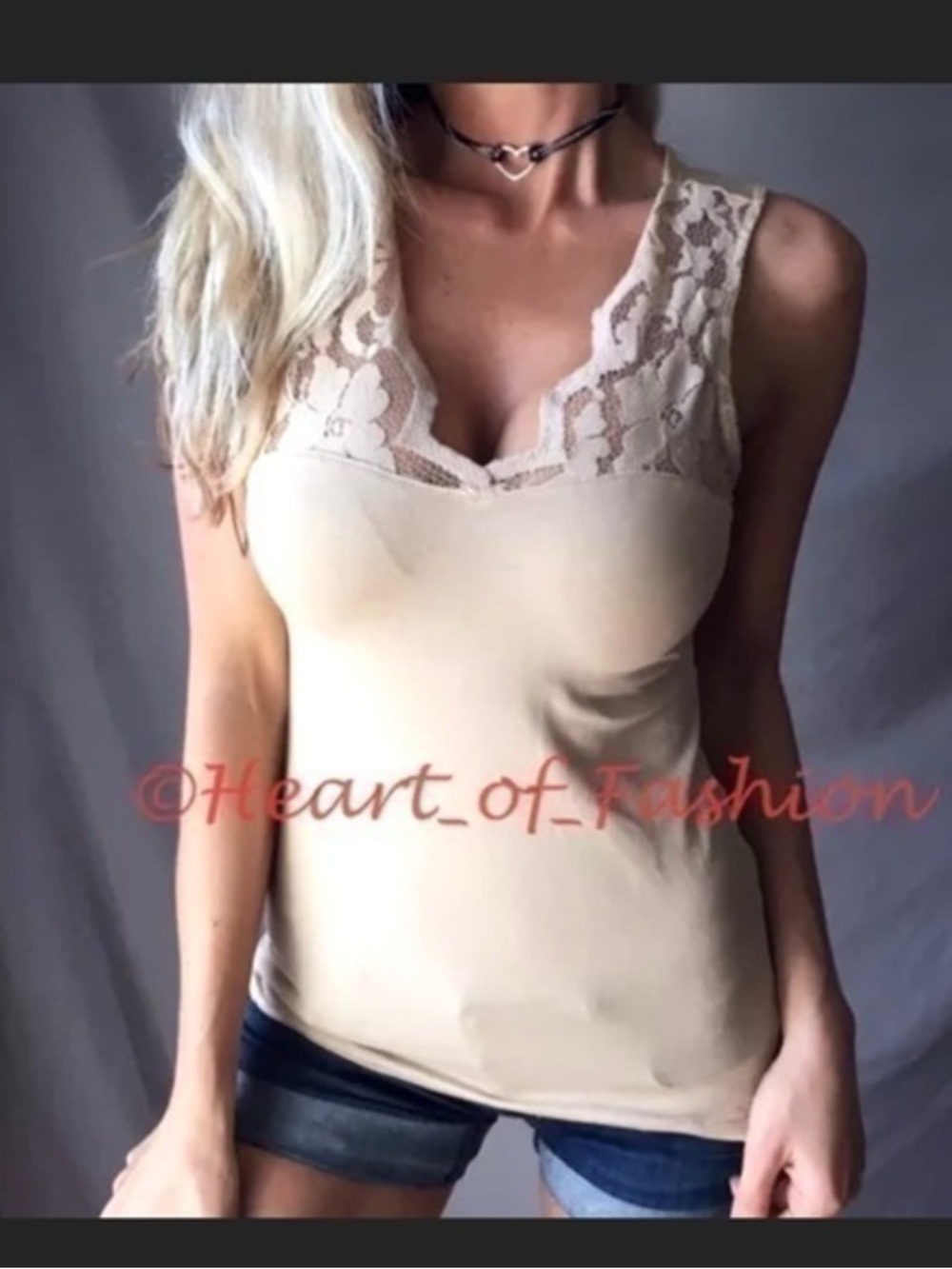 Lace Trim Beige Women's Tank Top